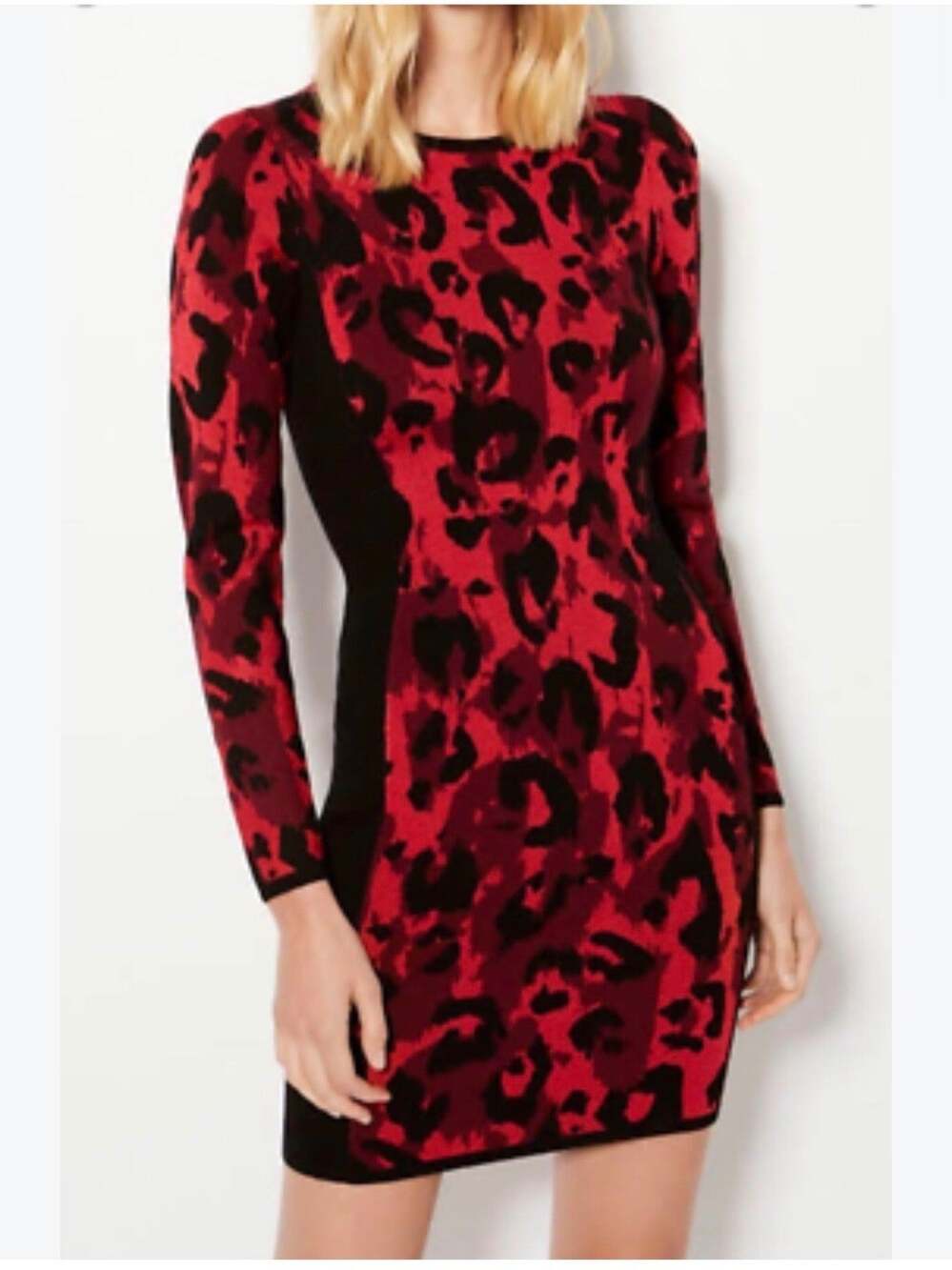 NWT Karen Millen Black Red Leopard Print Knit Dress Long Sleeve Size MEDIUM (800